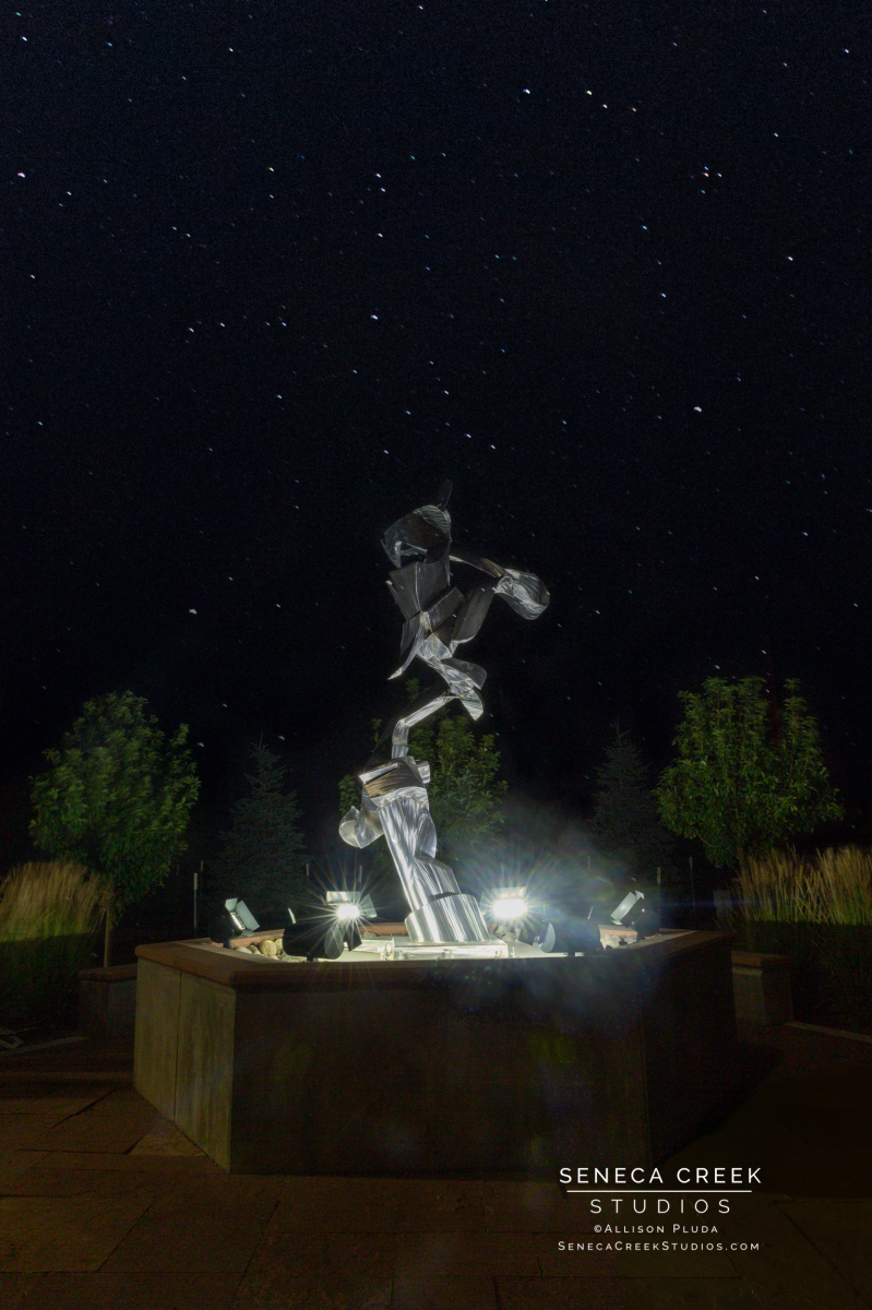 'Taking Flight' Metal Sculpture by Clifton Cox installed in downtown Laramie, Wyoming by Laramie Public Art | Night Commercial Product Art Photography