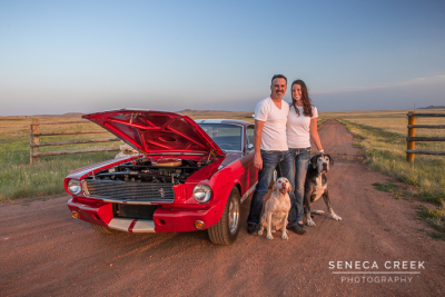 Beth and Jeremy Family Portraits with the Dogs and a 1966 Shelby Mustang