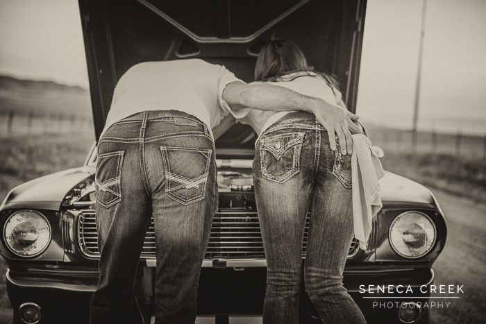 SenecaCreekPhotography.com by Allison Pluda - Beth and Jeremy Family Portraits with the Dogs and a 1966 Ford Mustang Wyoming Dirt Road Sunset