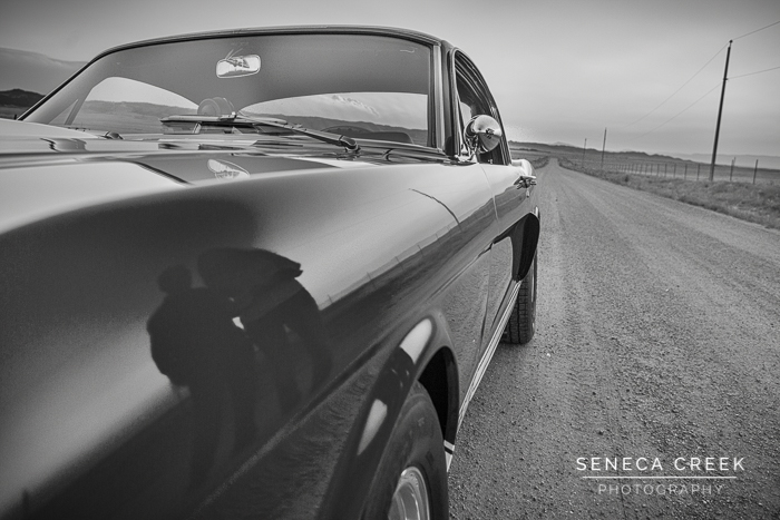 SenecaCreekPhotography.com by Allison Pluda - Beth and Jeremy Family Portraits with the Dogs and a 1966 Ford Mustang Wyoming Dirt Road Sunset