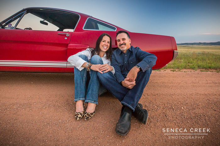 SenecaCreekPhotography.com by Allison Pluda - Beth and Jeremy Family Portraits with the Dogs and a 1966 Ford Mustang Wyoming Dirt Road Sunset