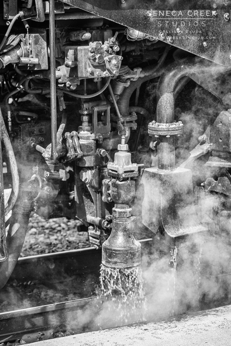 SenecaCreekStudios.com by Allison Pluda | The Living Legend Historic Union Pacific Steam Locomotive Engine No. 844 | Historic Downtown Laramie, Wyoming | 2012-9-20 Historic Steam Engine in Laramie (50) Black and White