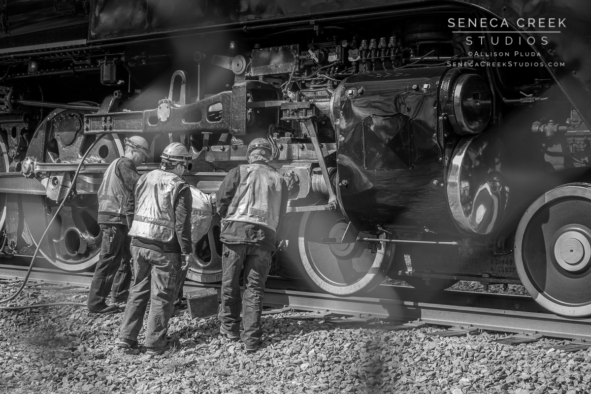 SenecaCreekStudios.com by Allison Pluda | The Living Legend Historic Union Pacific Steam Locomotive Engine No. 844 | Historic Downtown Laramie, Wyoming | Seneca-Creek-Studios-170418-SCS14000-57 Black and White