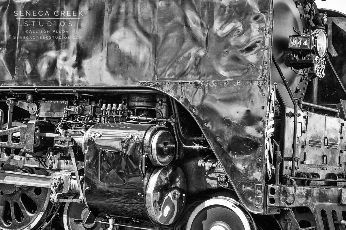 SenecaCreekStudios.com by Allison Pluda | The Living Legend Historic Union Pacific Steam Locomotive Engine No. 844 | Historic Downtown Laramie, Wyoming | Seneca-Creek-Studios-170418-SCS14021-78 Black and White
