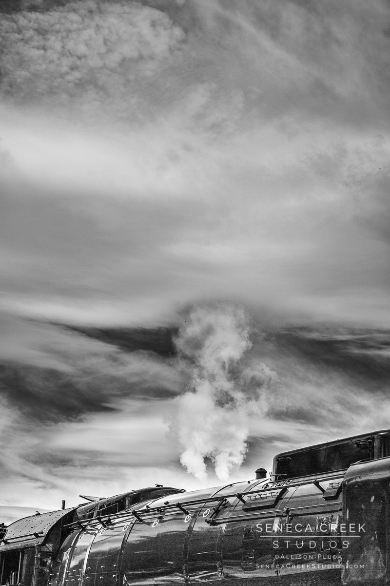 SenecaCreekStudios.com by Allison Pluda | The Living Legend Historic Union Pacific Steam Locomotive Engine No. 844 | Historic Downtown Laramie, Wyoming | Seneca-Creek-Studios-170418-SCS14029-86 Black and White