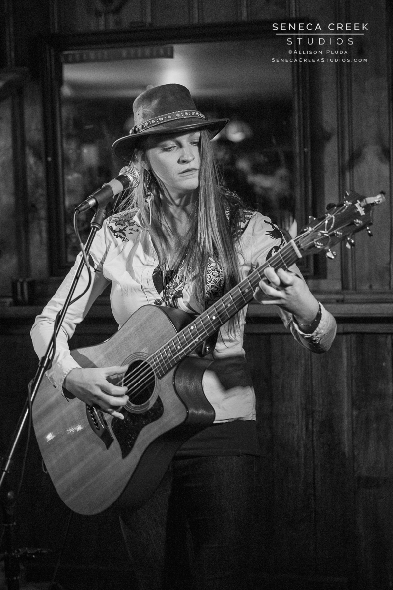 SenecaCreekStudios.com by Allison Pluda | Portrait Photography | Colorado Musician Singer/Songwriter Elise Wunder at the Buckhorn Bar in downtown Laramie, Wyoming - Seneca-Creek-Studios-170421-SCS14125-31 Black and White