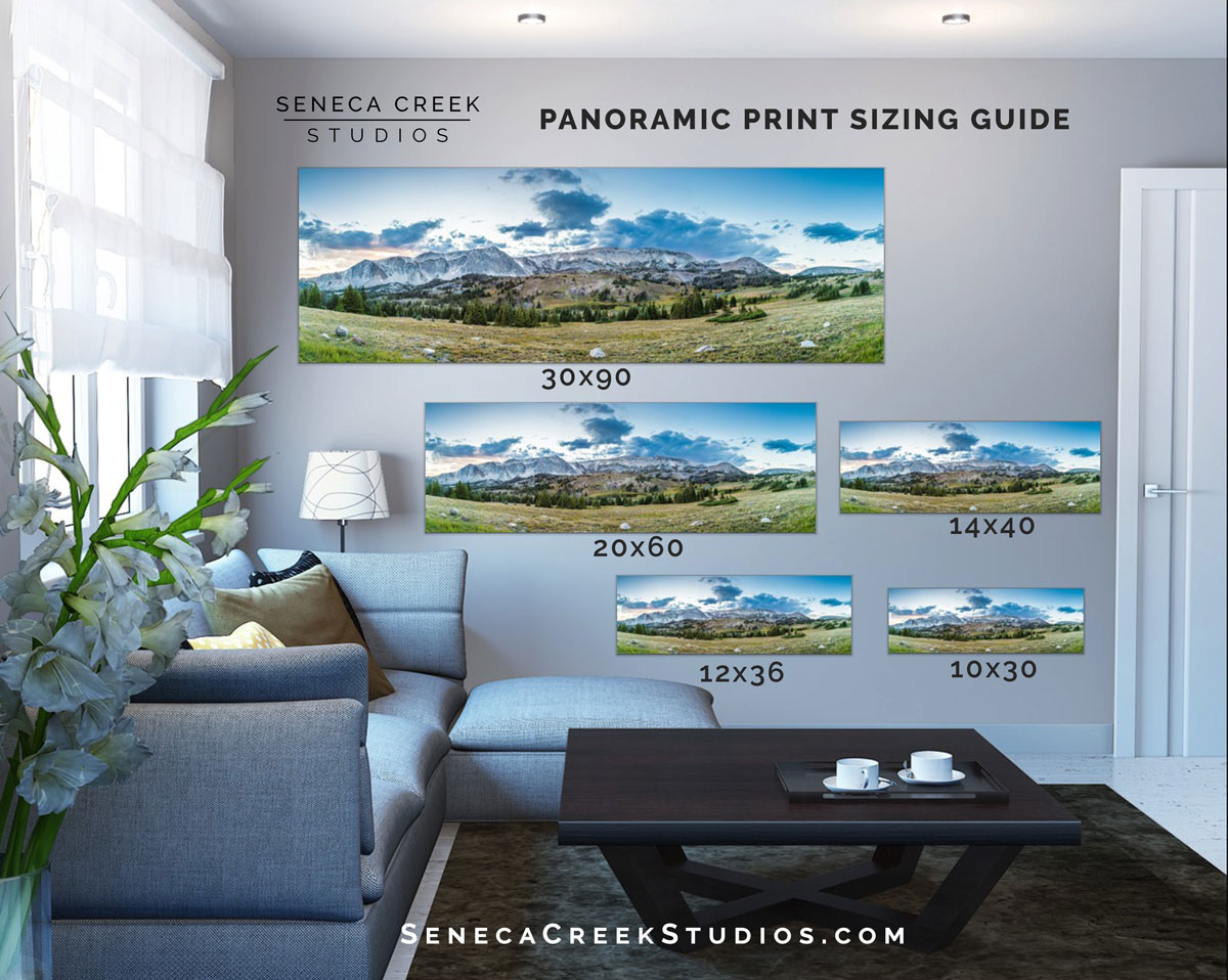SenecaCreekStudios.com by Allison Pluda | Fine Art Nature and Landscape Archival Wall Prints | Metal Aluminum Photography | Archival Framed Prints | Wyoming Nature Photography | Seneca Creek Studios based in Laramie, Wyoming | Home Decor Size Guide | Snowy Range Mountains, Medicine Bow National Forest, Wyoming Panoramic Print | Wall-Print-Size-Guide-Snowy-Range-Panoramic-Print-Size-Guide
