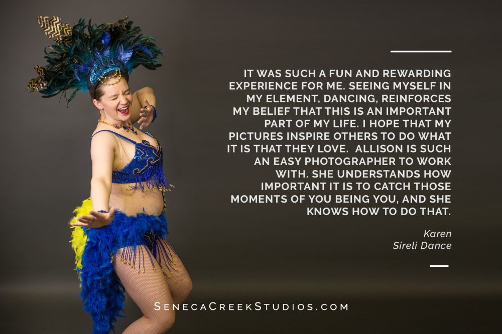 SenecaCreekStudios.com by Allison Pluda | Professional Portrait & Headshot Photography Studio | Families, Couples, High School & College Seniors, Dogs, Pets, Best Friends, Sisters, Mothers, Engagement, Businesses, Groups, Bands, & Custom Designed Portrait Photography Sessions | Archival, Unique, Heirloom Prints & Gifts | Seneca Creek Studios Art Gallery, Portrait, & Design Studio in historic downtown Laramie, Wyoming | 2018-02 Karen Dance Portrait Testimonial | Brazilian Samba Wild Women Exhibition Project